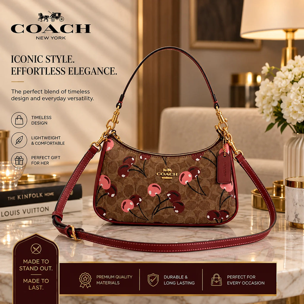 Coach Teri Shoulder Bag Signature Canvas with Cherry Print – Designer Handbag