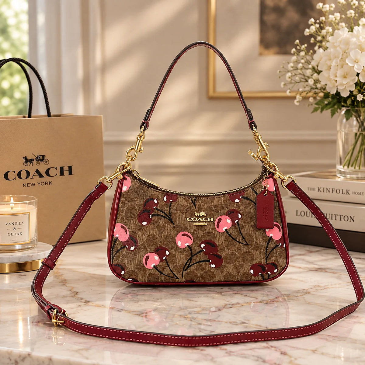 Coach Teri Shoulder Bag Signature Canvas with Cherry Print – Designer Handbag