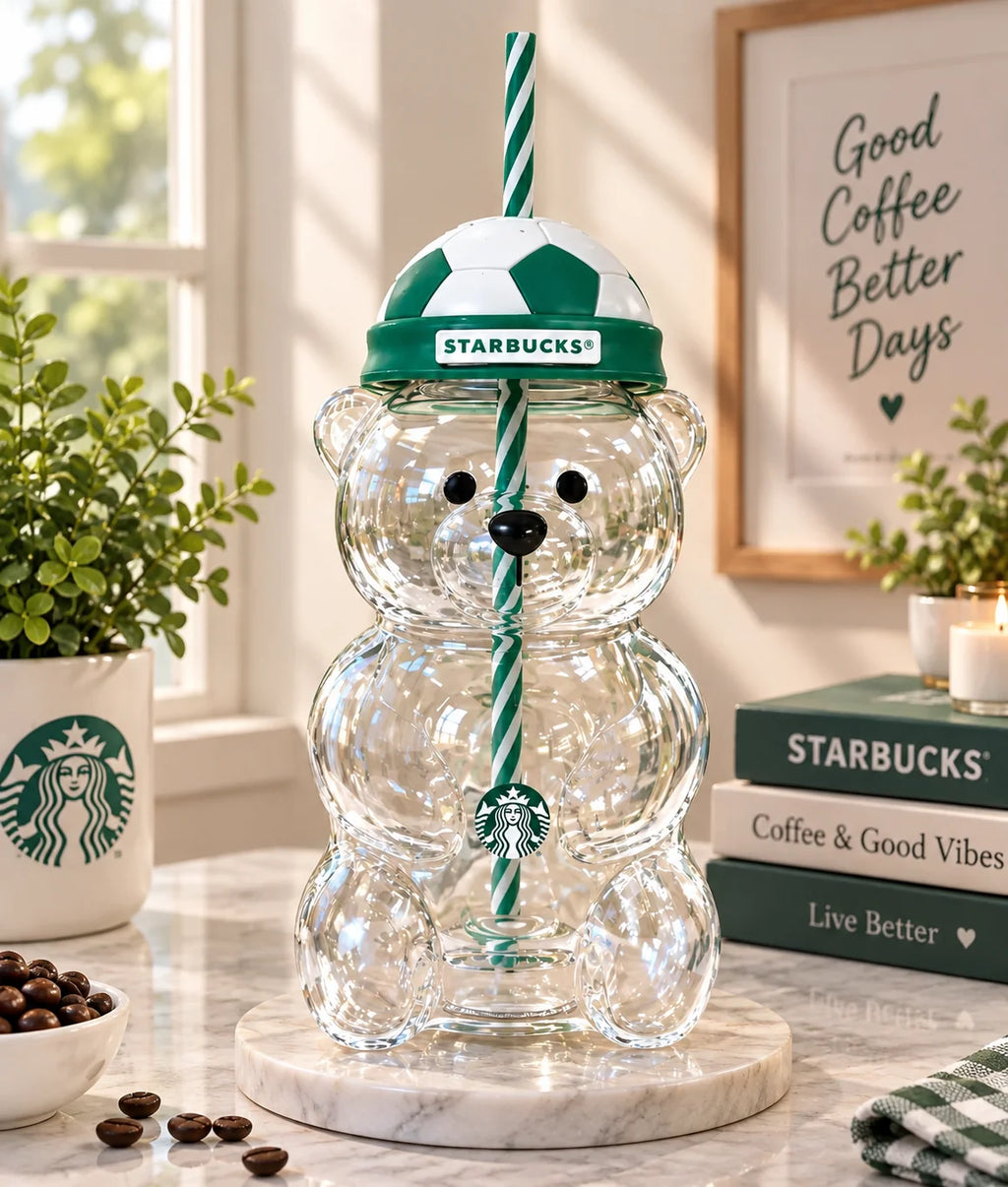 Starbucks World Cup Football Bear 20oz Glass Straw Cup