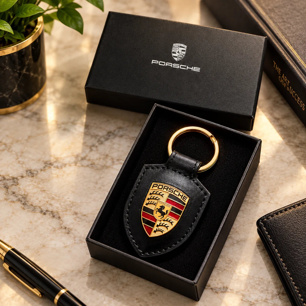 Porsche Crest Leather Keychain Black 2026 Design – Genuine Leather Luxury Car Accessory