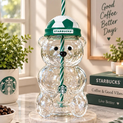 Starbucks World Cup Football Bear 20oz Glass Straw Cup