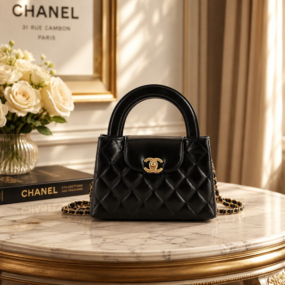 CHANEL Kelly Nano Quilted Aged Calfskin Leather Top Handle Shoulder Bag Black