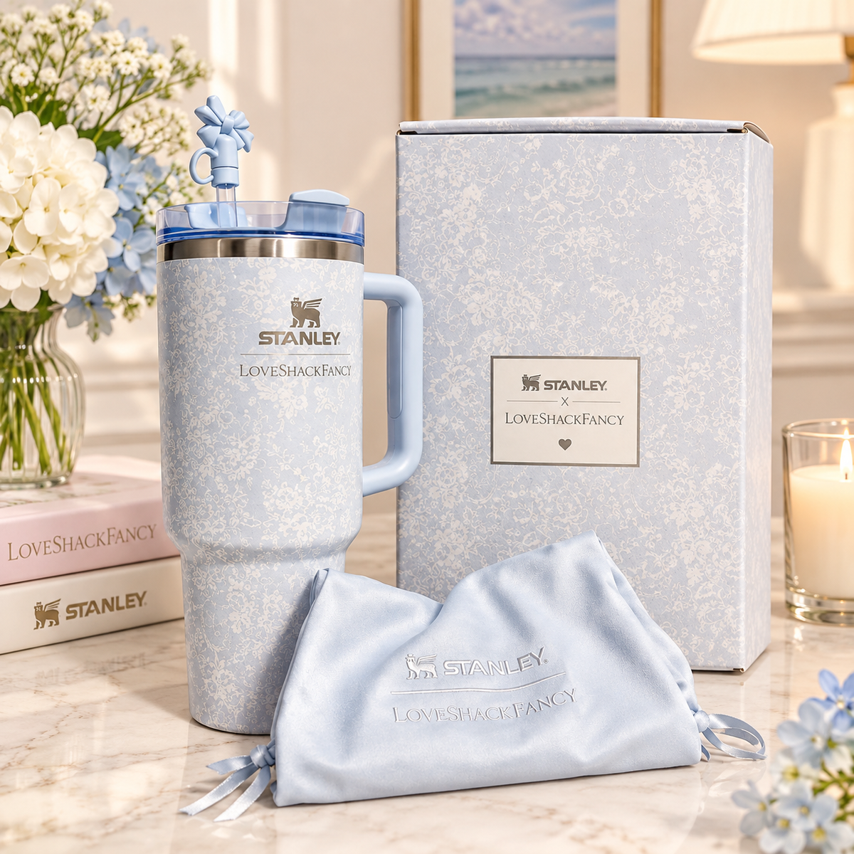 LoveShackFancy 40oz Floral Blue Tumbler Handle Lid Straw Drink