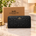 COACH Embossed Signature Black Leather Long Accordion Zip Wallet