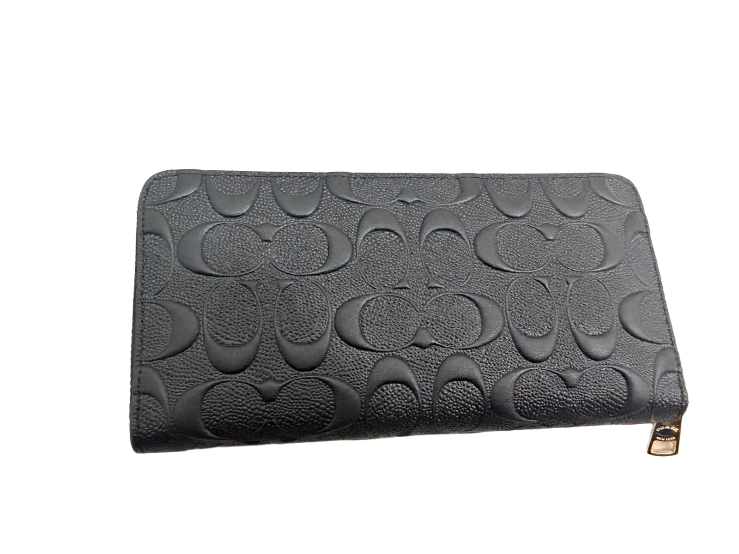 COACH Embossed Signature Black Leather Long Accordion Zip Wallet
