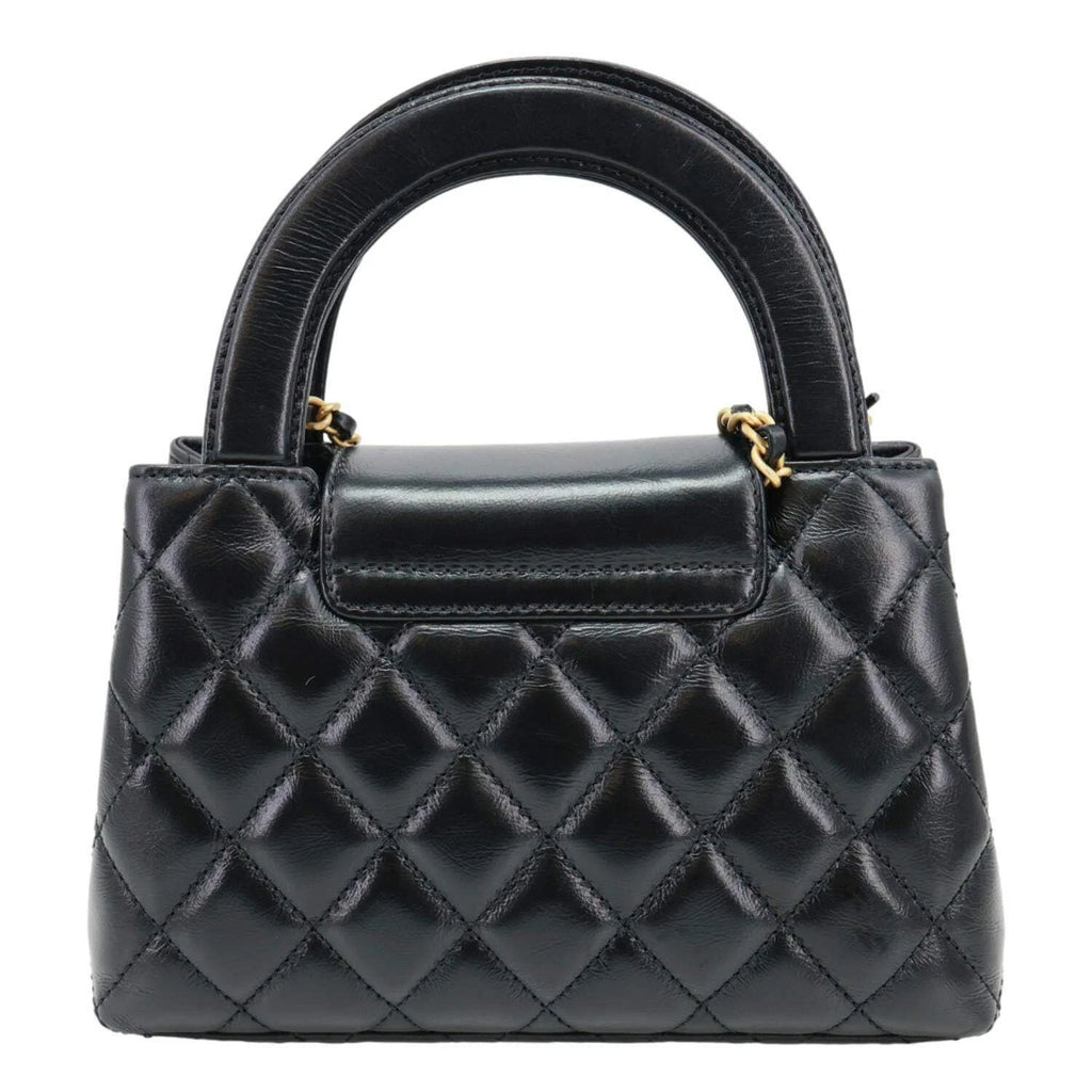 CHANEL Kelly Nano Quilted Aged Calfskin Leather Top Handle Shoulder Bag Black