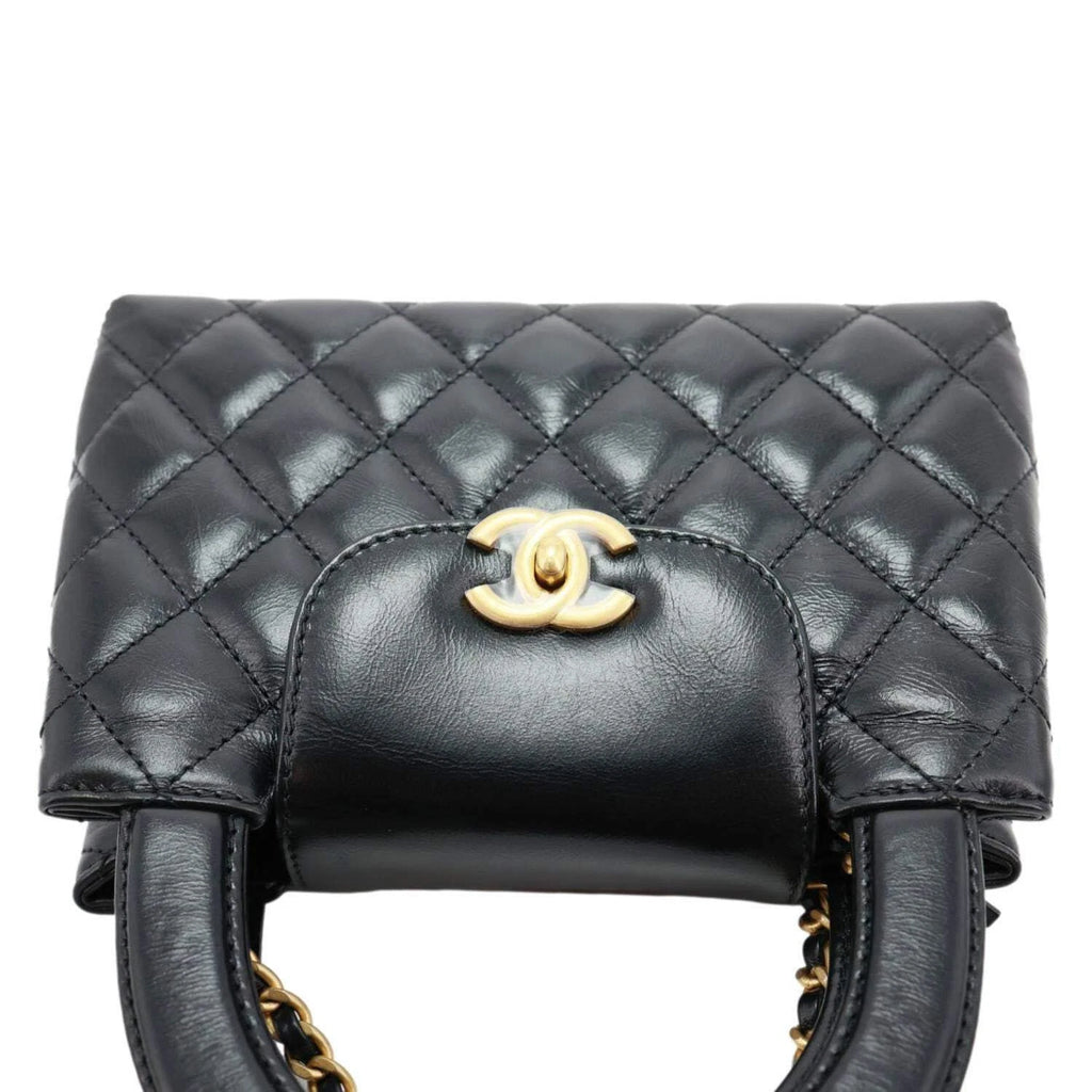 CHANEL Kelly Nano Quilted Aged Calfskin Leather Top Handle Shoulder Bag Black