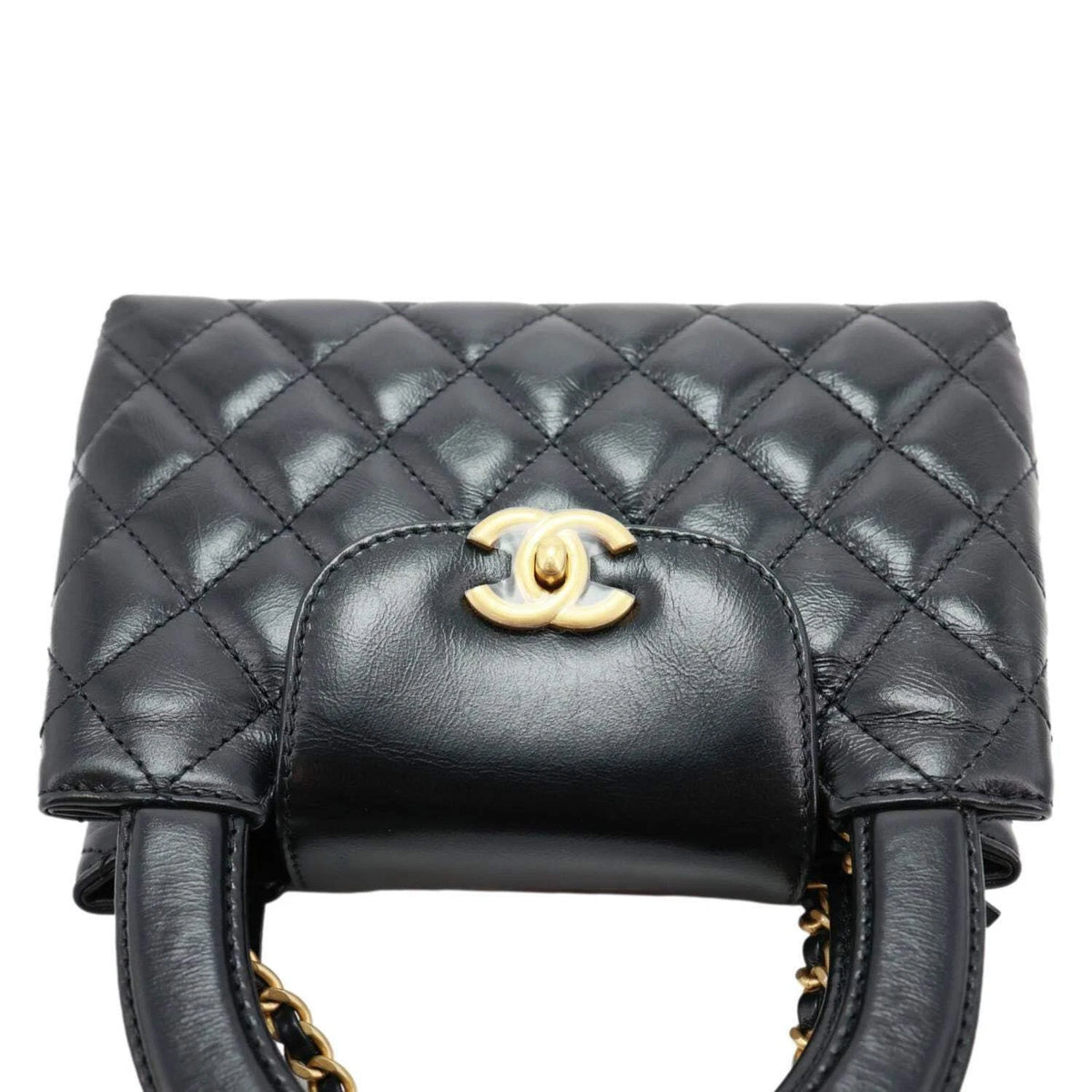 CHANEL Kelly Nano Quilted Aged Calfskin Leather Top Handle Shoulder Bag Black