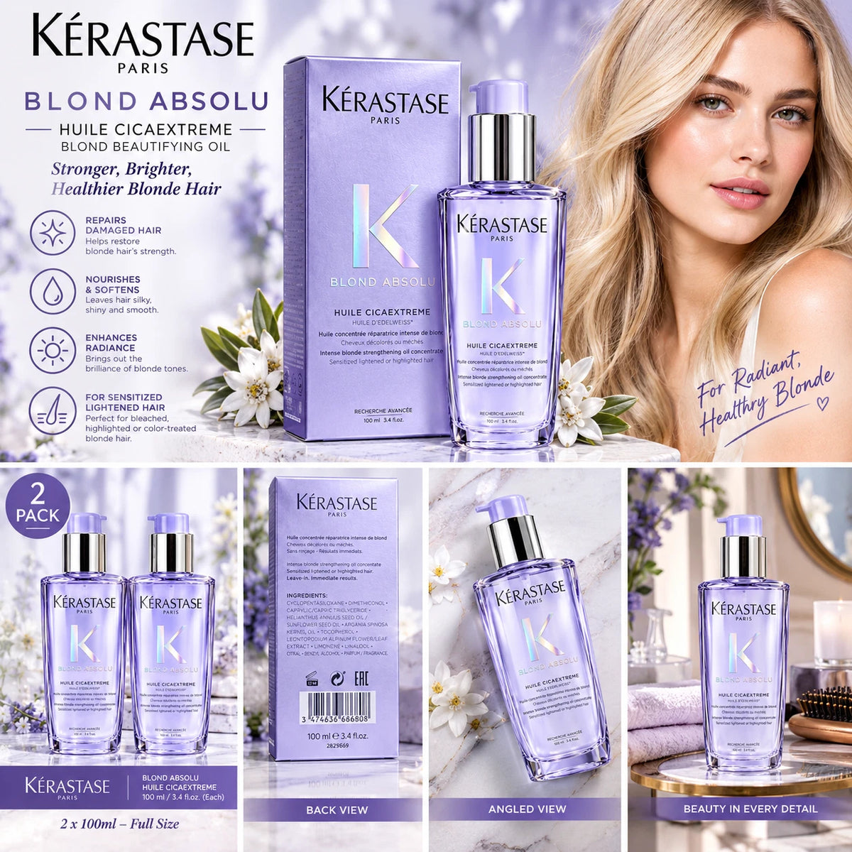 2X New Kerastase Blond Absolu Huile Cicaextreme Blond Beautifying Oil 100ML